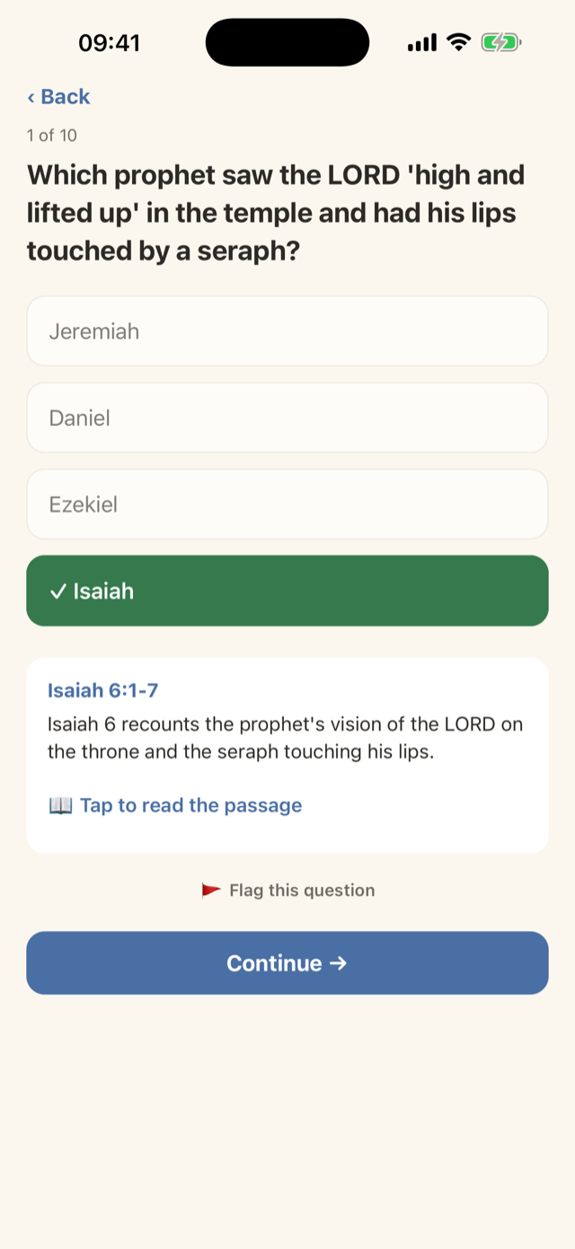 Scripture Quest: after you answer, the correct choice turns green and the verse reference, passage, and a short explanation appear.